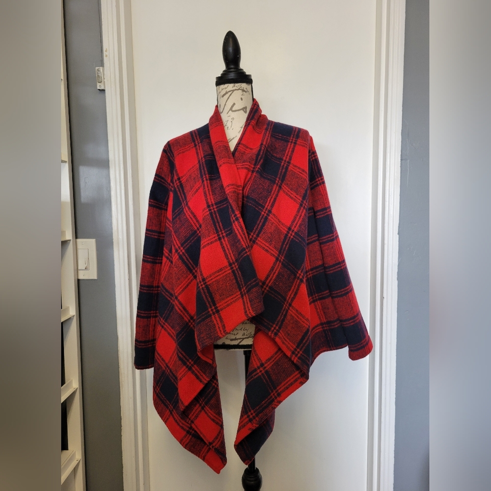 Red Plaid Open Front‎ Poncho Shawl Women Size Medium LIKE NEW